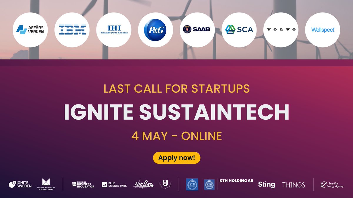 💚Applications for the digital matchmaking #IgniteSustaintech on May 4 close soon! 
Don’t miss the chance to be matched with #corporates looking for #startups within #energy, #sustainability, #forestry, #packaging, #waste &amp; more. 
Apply by April 11!
ignitesweden.org/events/ignite-…
