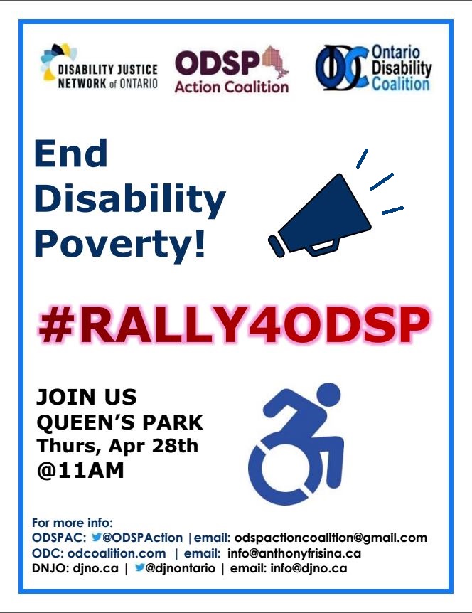 ODSPAction's tweet photo. We've partnered w/ @ODCoalition &amp; @djnontario to hold our 2nd #Rally4ODSP @ Queen's Park on Apr 28th starting @ noon, to draw attention &amp; demand an increase to woefully inadequate SA rates which have REMAINED FROZEN since 2018! 
#ONpoli #ODSPoverty #RaiseTheRates #DoTheMath https://t.co/McC75bv2Zu
