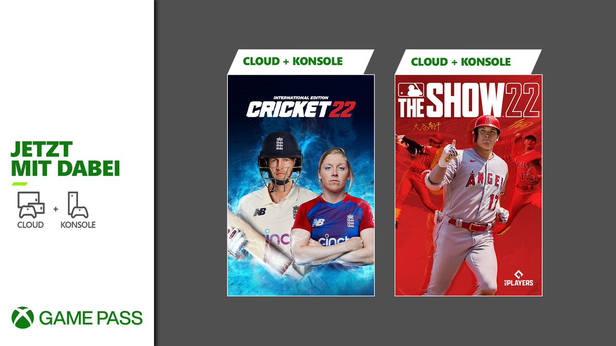 Die neuen Spiele, die ab sofort im Xbox Game Pass verfügbar sind. Mit dabei Cricket 22 und MLB The Show 22. 
