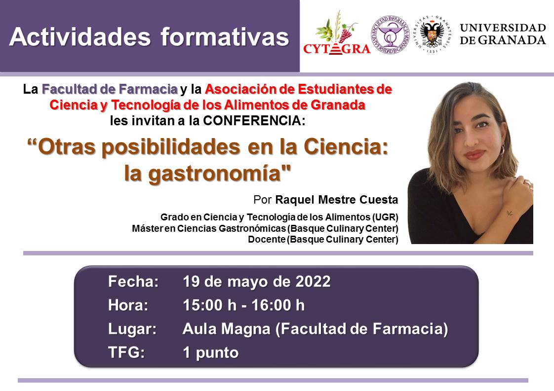 ffarmaciaUGR's tweet photo. #FFarmaciaUGR📢♨️ 🔴🔜 MAÑANA, actividad formativa en la Facultad, organizada por @CYTAGRA 
Consulta todas las actividades formativas de la Facultad en: https://t.co/zmhgh4YoR5 https://t.co/My3OhIePcE