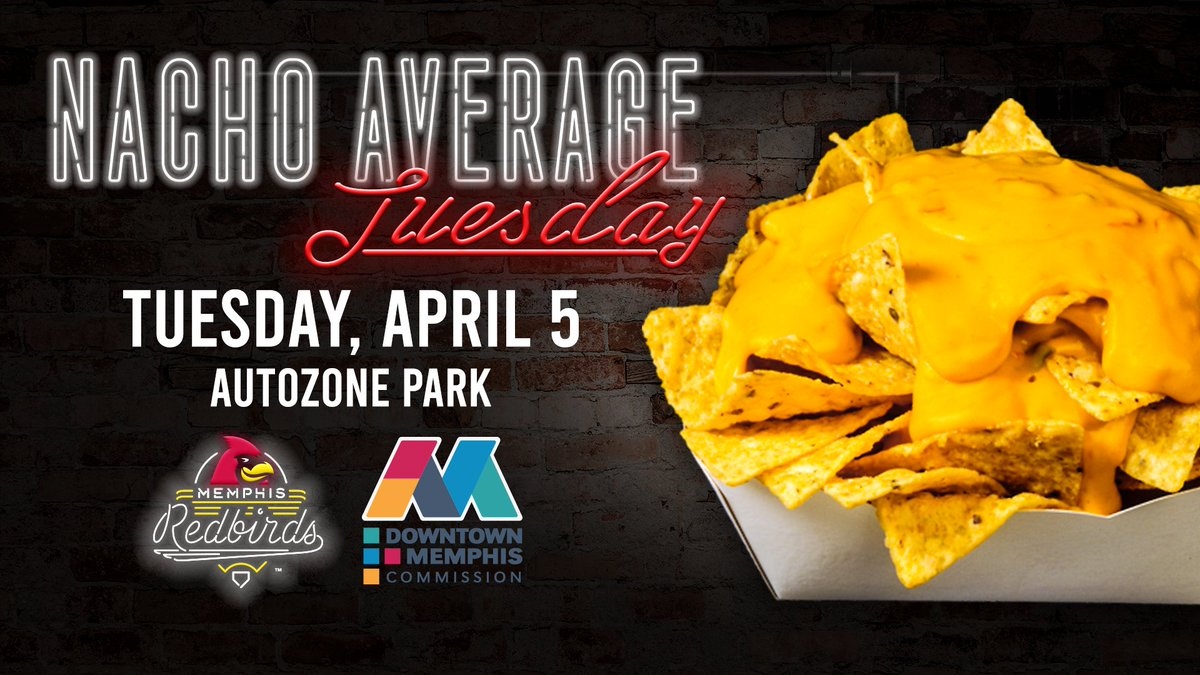 DowntownMemphis's tweet photo. โพ๐ It's Opening Day for the Redbirds + Nacho Average Tuesdayโ what could be better?!
All fans will get a FREE order of ballpark nachos!
Get your tickets at https://t.co/aiauybY7SA
๐ธ: @memphisredbirds
#downtownmemphis #backdowntown #memphisredbirds #autozonepark https://t.co/quf8qlD1ah