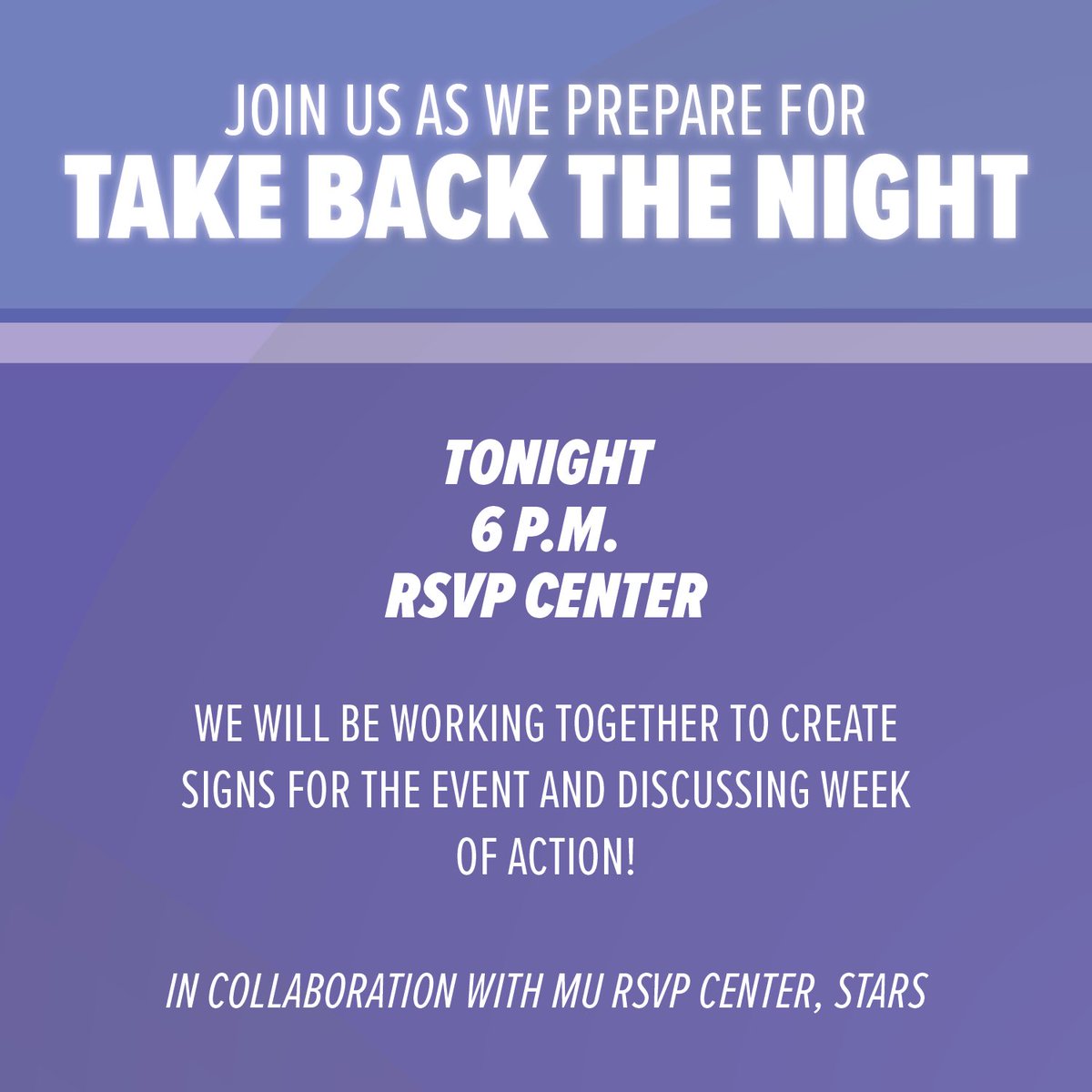 Join us tonight for our weekly It’s On Us Mizzou meeting! We will be planning for our week of action, which is being organized in collaboration with <a href="/RSVPCenter/">Mizzou RSVP Center</a> and <a href="/MizzouSTARS/">STARS</a>! We hope to see you tonight!