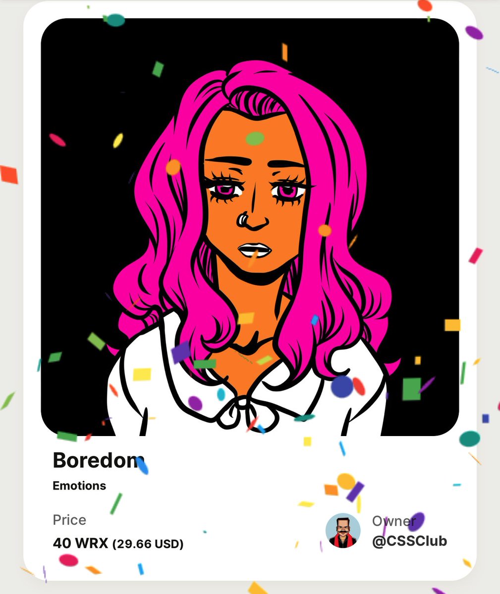 We now have the 'Boredom' #NFT from Emotions collection by <a href="/tejasvitanegi/">Tejasvita Negi 🦉</a> 🎉

Thank you #NFTCommunity for participating in the poll 🚀

Check the whole collection at -nft.wazirx.org/collection/Emo…

#WAGMAAL #CSSClub #Bollywood #Binance #WazirXNFT