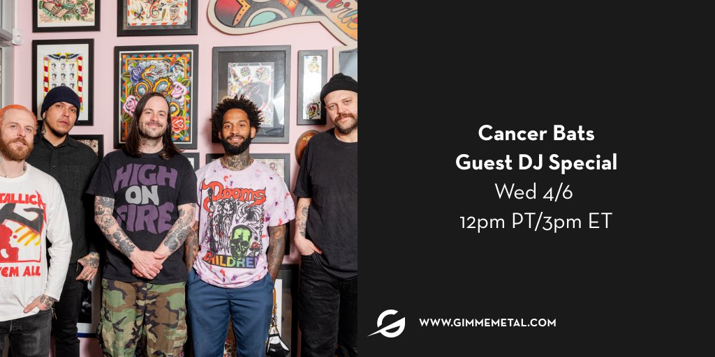 Cancer Bats (@cancerbats) on Twitter photo HEY FRIENDS, We are guest DJing at <a href="/gimmeradio/">Gimme Metal</a> tomorrow afternoon!! 3pm EST. COME HANG WITH US IN THE LIVE CHAT! HEY FRIENDS, We are guest DJing at <a href="/gimmeradio/">Gimme Metal</a> tomorrow afternoon!! 3pm EST. COME HANG WITH US IN THE LIVE CHAT!