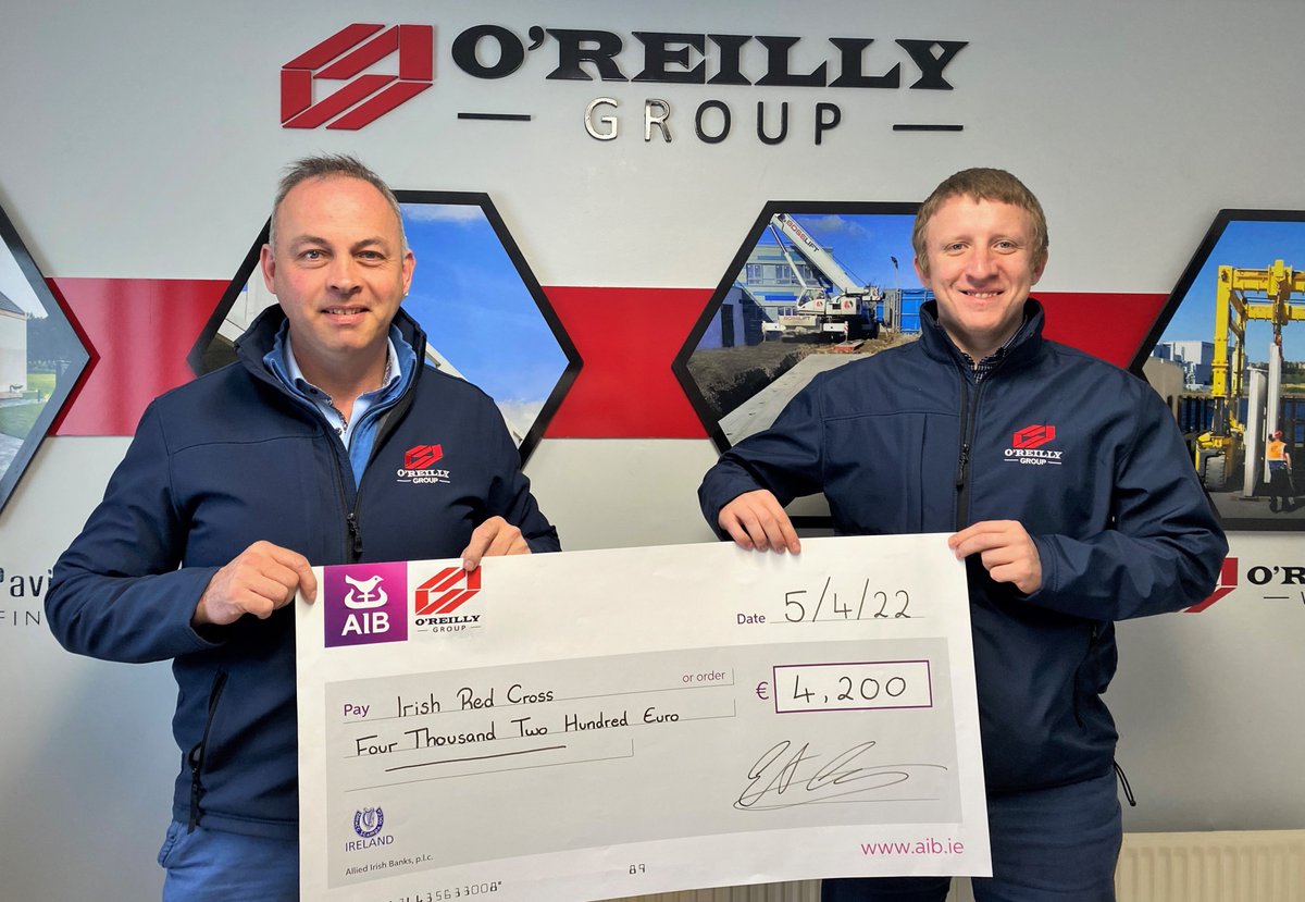 O'Reilly Group donate €4,200 to the Irish Red Cross in aid of Ukraine. O’Reilly Group CEO, Emmet Cosgrove presents a cheque to Valerii Samoilenko on behalf of this deserved cause.

Well done to all involved.

#oreillygroup #oreillyconcrete #barleystone #oakstown  #supportukraine