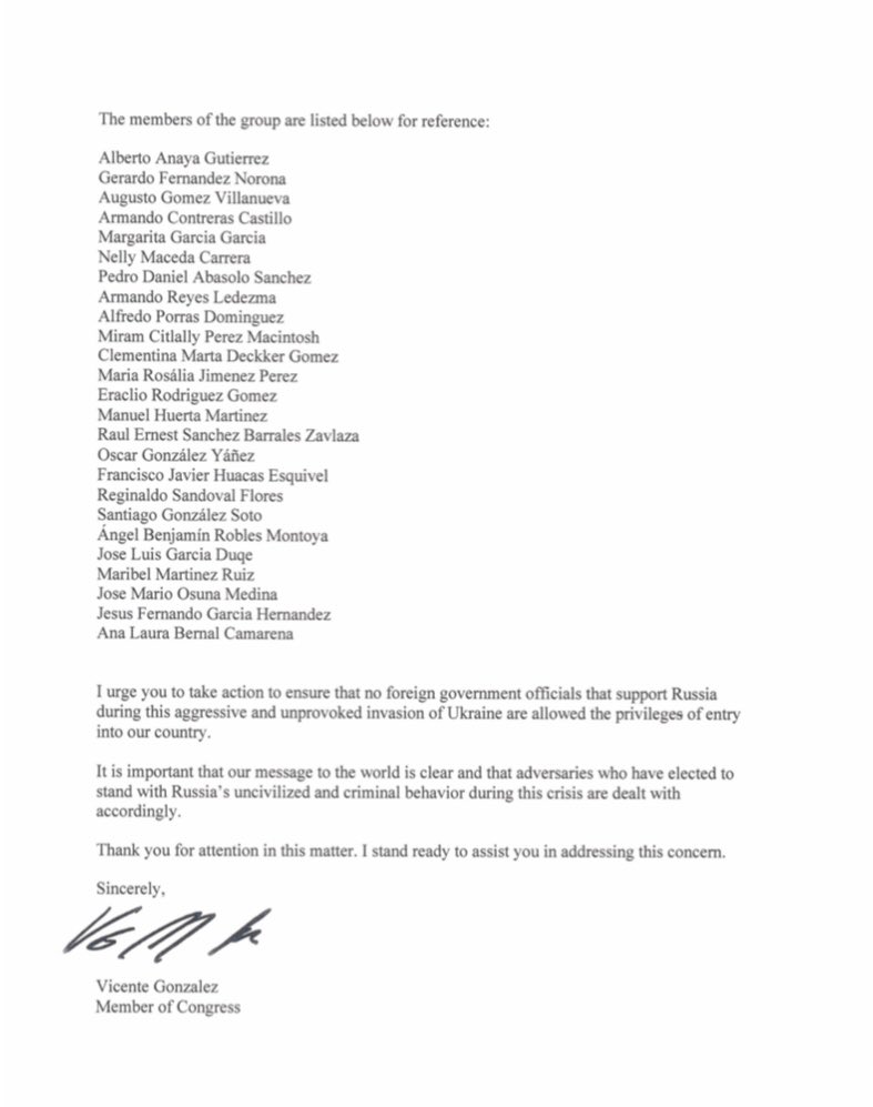 Members of the Mexican Congress participating in the “Mexico-Russia Friendship Committee” should not be allowed to enter, travel, or invest in the US. 

I urge <a href="/SecBlinken/">Secretary Antony Blinken</a> &amp; <a href="/SecMayorkas/">ARCHIVED: Secretary Alejandro Mayorkas</a> to revoke their visas and any foreign official that does not condemn Russian aggression.