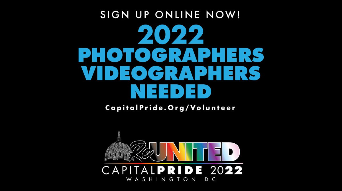 CapitalPrideDC's tweet photo. Shoot your shot & volunteer as a photographer & videographer to capture our #2022Pride season as we plan for the return of this year's large-scale #Pride Celebration, 6/3 - 6/12! To sign up, click the volunteer link in the bio & place a link to your portfolio! #reUNITED #Pride22 https://t.co/HUIVvrzqch