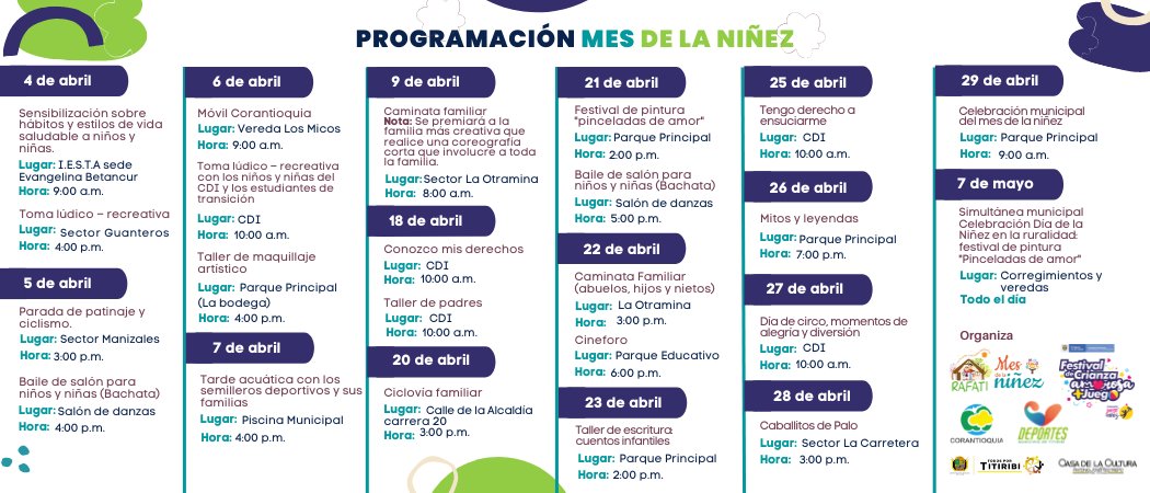 Así celebraremos en nuestro municipio el #DíaDeLaNiñez 🤗 con toda nuestra comunidad. 
¡#SúmateJugando al Festival de #CrianzaAmorosa+Juego!
🪁 @ConsejeriaNinez  
🪁  <a href="/LunnaColombia/">LUNNA | Líderes Unidos por los NNA de Colombia</a> 
🪁  <a href="/Corantioquia/">Corantioquia</a>