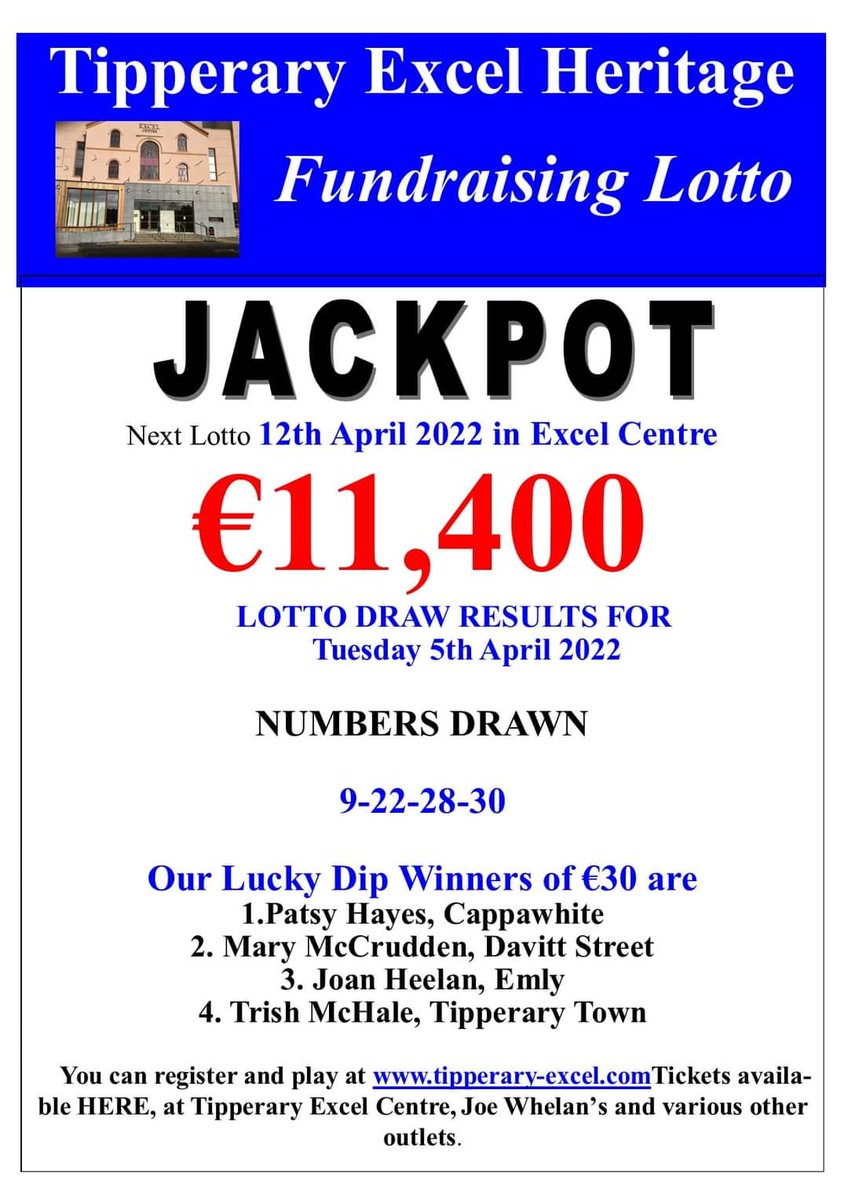 Tipperaryexcel (@tipperaryexcel) on Twitter photo #ExcelLotto โ๏ธLotto Resultsโ๏ธ
We had no winner today of our Jackpot worth โฌ11,300. Next week we will have โฌ11,400 up for grabs. 
To play along now click: play.clubforce.com/play_newa.asp?โฆ #ExcelLotto โ๏ธLotto Resultsโ๏ธ
We had no winner today of our Jackpot worth โฌ11,300. Next week we will have โฌ11,400 up for grabs. 
To play along now click: play.clubforce.com/play_newa.asp?โฆ