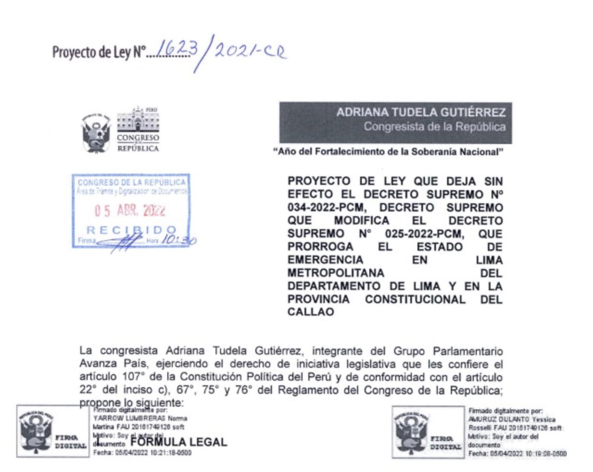 adrianatudelag's tweet photo. He presentado, con @AvanzaPaisOfi, un PL para dejar sin efecto el DS anunciado por Castillo. Es desproporcionado e inconstitucional. Es urgente exonerar este PL de dictamen y convocar a un pleno extraordinario para aprobarlo. No permitamos que atropellen nuestras libertades. https://t.co/ddTT376Ksg