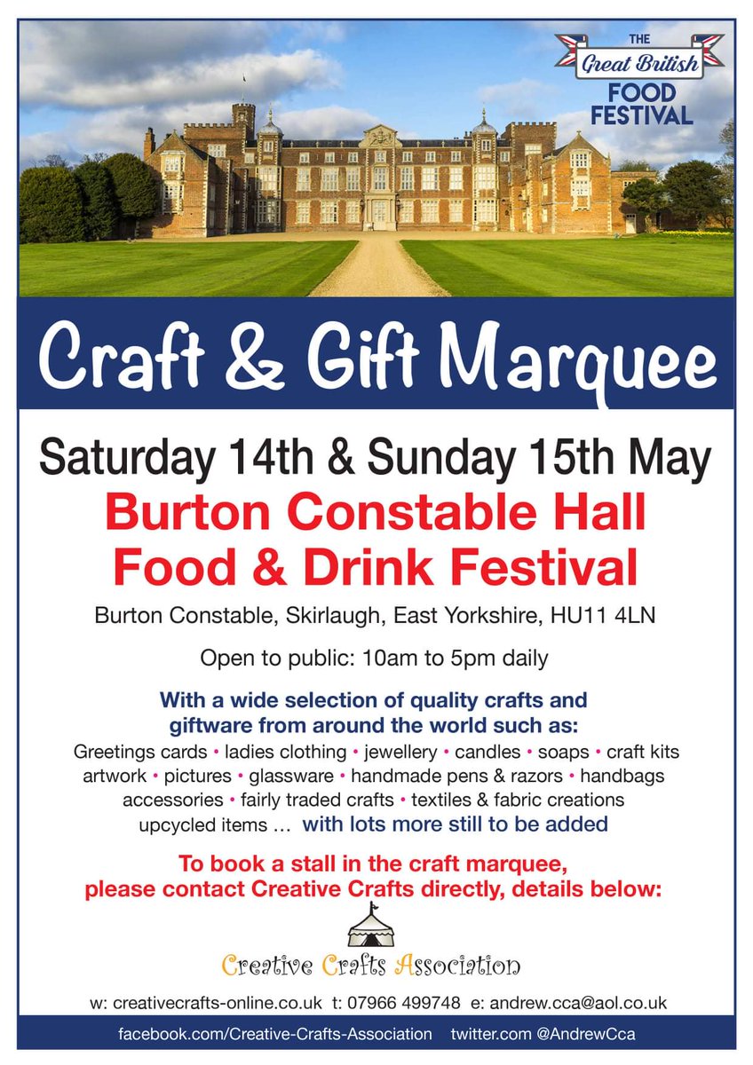 Creative Crafts is organising the Craft &amp; Gift Marquee at the Burton Constable Great British Food Festival. Don't miss out on the opportunity to trade at this fantastic event. To book a stall in the marquee visit our website at creativecrafts-online.co.uk/craft-events/
#hull