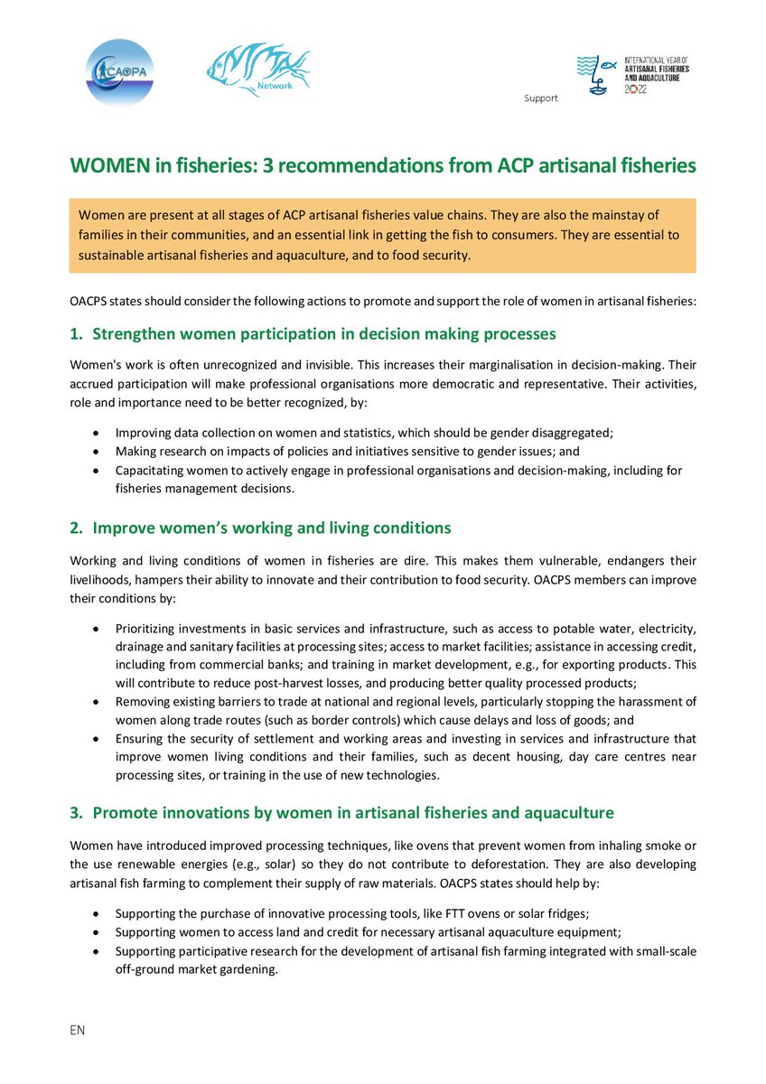 Women ♀️ are essential to sustainable fisheries and food security

They are…
🛶💰Present at all stages of the value chain
👨‍👩‍👧‍👦🏘️The mainstay for families in their communities
🧺🐟An essential link bringing fish to consumers

How to promote women in fisheries role &amp; participation👇