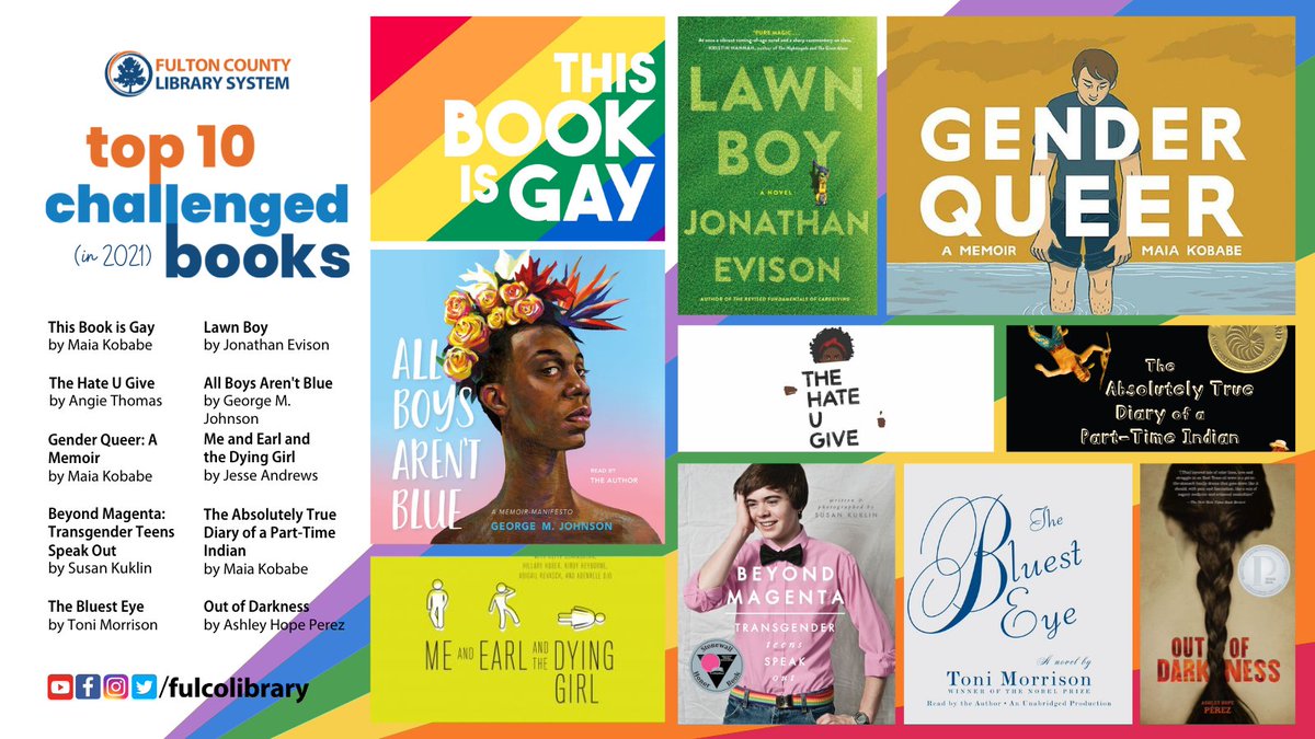 fulcolibrary's tweet photo. Check out these books from ALA's Top 10 Most Challenged Books of 2021! Grab your copies today👀 https://t.co/2LeI0ixyME #fulcolibrary #fultonreads #nationalibraryweek #resolvetoread #ilovelibraries @ALALibrary @FultonInfo #challengedbooks https://t.co/5ZMtbLQXnC