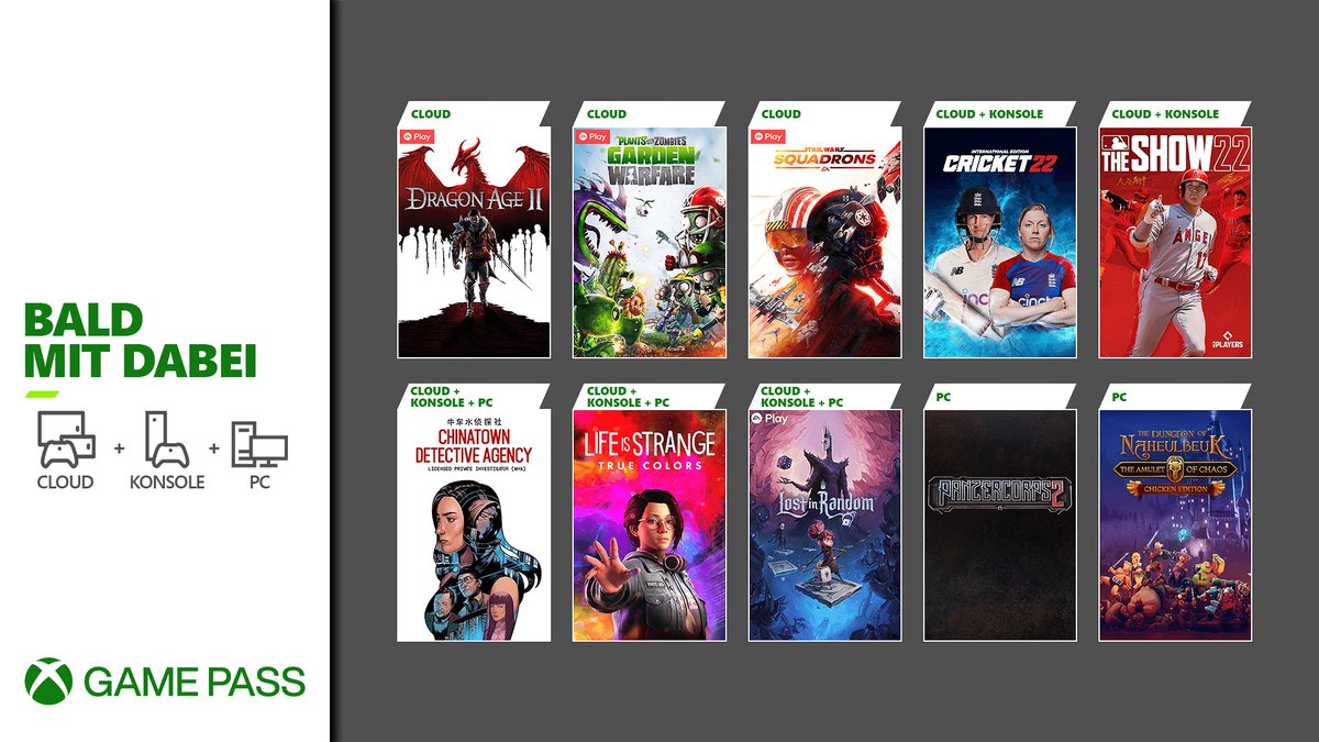 Die neuen Games im Xbox Game Pass. Der Bildtext lautet: Bald mit dabei. 