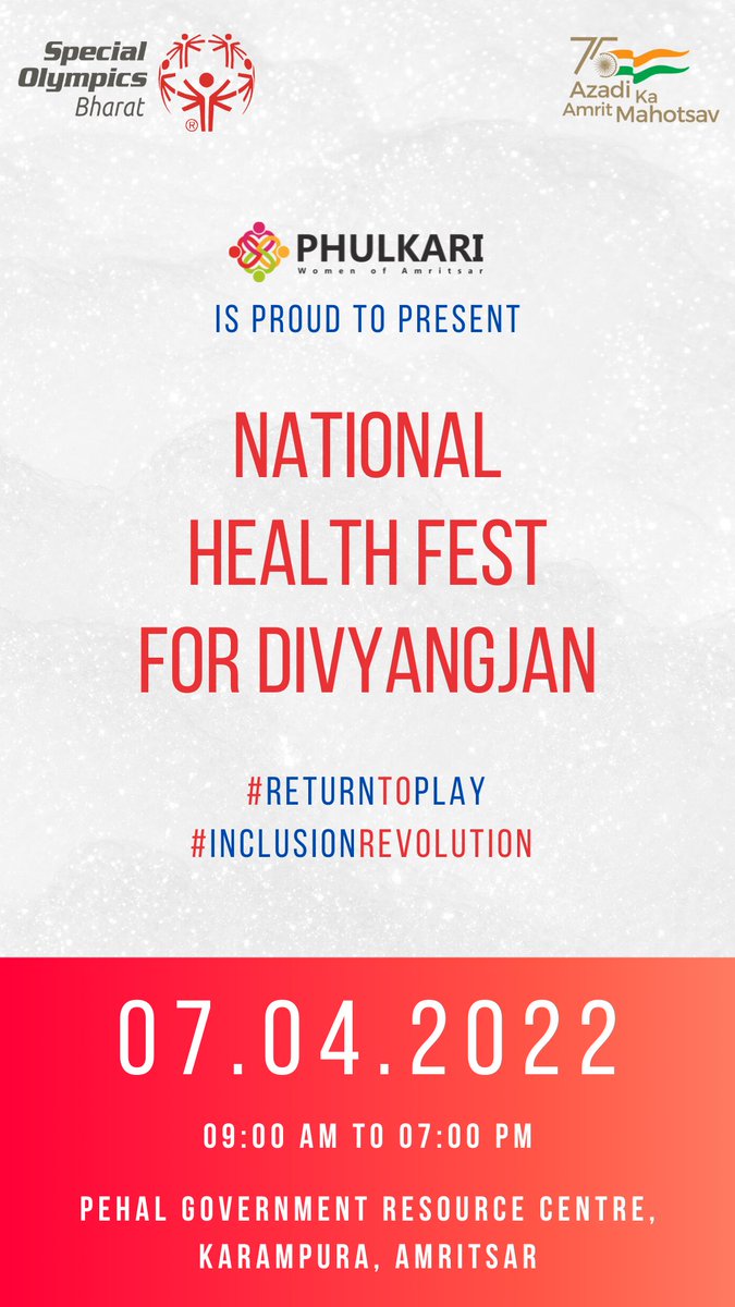 IPhulkari's tweet photo. Azadi Ka Amrit Mahotsav (AKAM) is an initiative of the Govt of India to celebrate and commemorate 75 years of India’s independence. Under the aegis of AKAM, Phulkari WOA  is proud to present National HealthFest for Divyangjan.
#returntoplay #inclusionrevol https://t.co/yaV5h887Ur