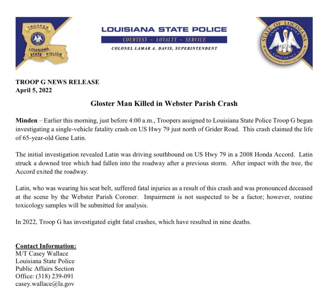 LA State Police on Twitter "TROOP G NEWS RELEASE April 5, 2022 Gloster