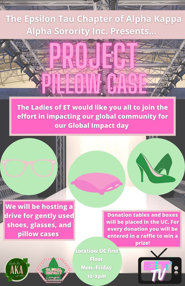 Join us in making a PrETty big impact in our global community!✨

Donate GENTLY WORN shoes, glasses, and pillowcases for our Global Impact Day! 🌎

Catch us in the UC today until April 8th for a chance to enter into a raffle! Service AND a Prize? Who can bEaT that? 🤩