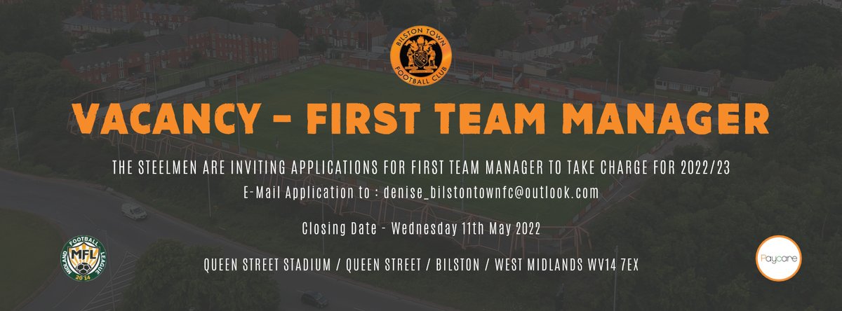 BilstonTownFC's tweet photo. FIRST TEAM MANAGER WANTED

Current first team manager Hayden Foote will be leaving us at the end of this season due to increased personal and work commitments so the Steelmen are inviting applications to take over in readiness for the 2022/23 season.

Email applications only. https://t.co/xUm8SRWV28