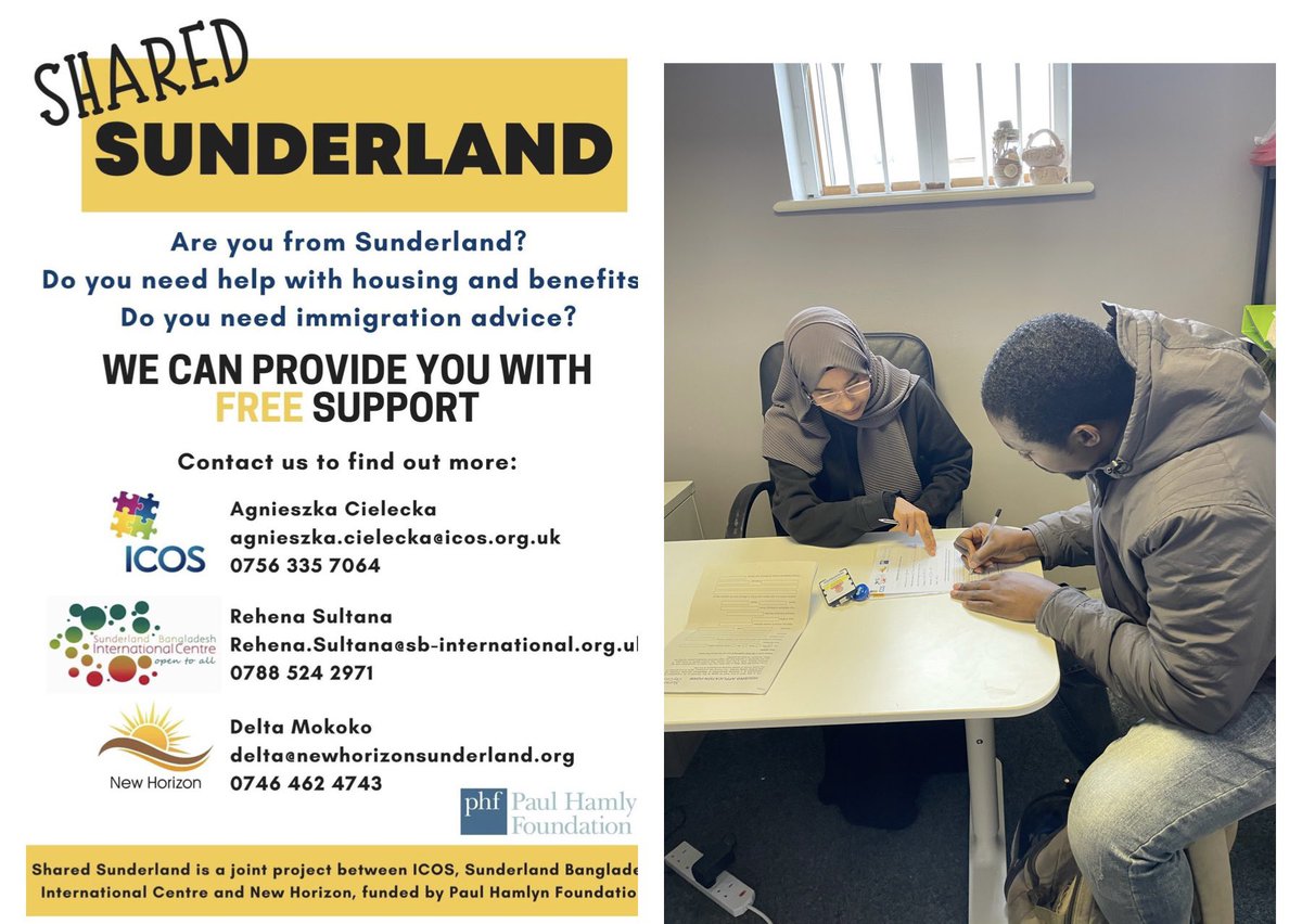 Vital support for the local BAME Community as part of a new major project - 
Shared Sunderland. 

Support available such as 
#Housingapplication 
#welfarebenefits 
#immigrationadvice 

Help is at hand for your needs. Come along to Sunderland Bangladesh International Centre.