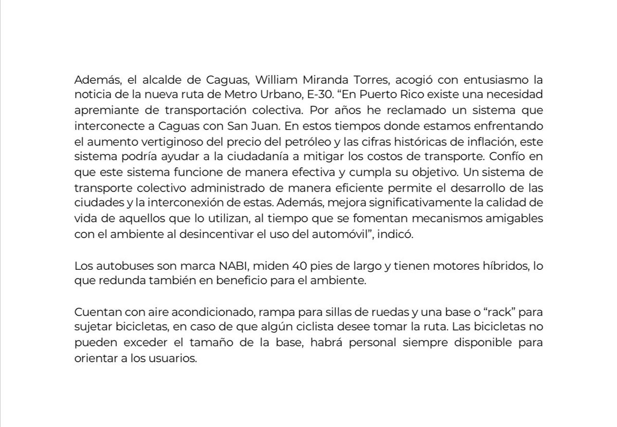 Nueva ruta de Metro Urbano transportará pasajeros de Caguas a San Juan en menos de 30 minutos.                  EL SERVICIO SERÁ LIBRE DE COSTO HASTA EL 19 DE JUNIO <a href="/DTOP/">DTOP</a> @prsecdtop <a href="/fortalezapr/">Puerto Rico Governor's Office</a>