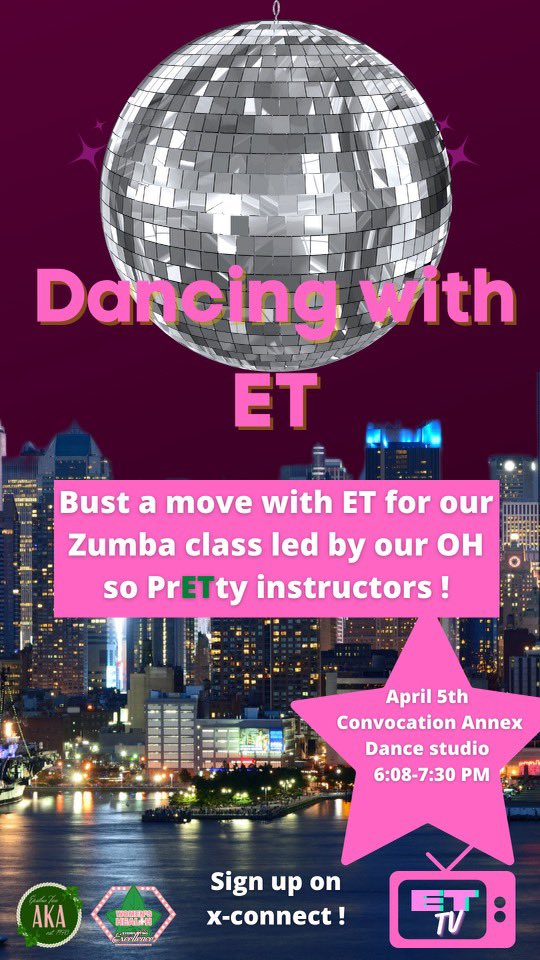 Get ready to break a sweat &amp; have fun doing it at “Dancing with ET” ! 💃🏾🕺🏾
Join the oh so prETty ladies for a night full of energy and activity as we leave it all on the floor! 

Get your dancing shoes and register on XConnect!

See you tonight! 💗 

#EpsilonTau #ET #SkeeWeek2022