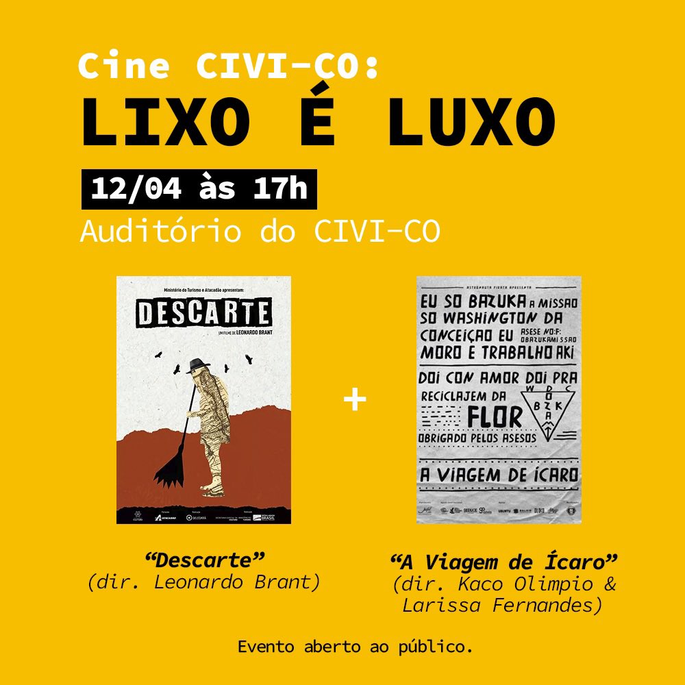 leobrant_doc's tweet image. Exibição com debate do filme DESCARTE no dia 12/4 às 17h no CI-VI-CO em São Paulo. Vem!! 
#descarte #lixo #resíduos #economiacircular #lixozero #deusdara #documentário #impacto