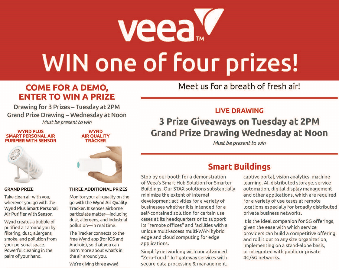 VeeaHQ's tweet photo. Swing by #Veea's space #207 at the #NS2022 exhibition today & enter our drawing for #prizes from our partner #Wynd. You can learn more about the solution Veea created with @hellowynd in this #casestudy - https://t.co/9yy6zj8C7f
@TridiumInc #SmartEdge #Connectivity #VeeaHub https://t.co/SK9MvjZNsI
