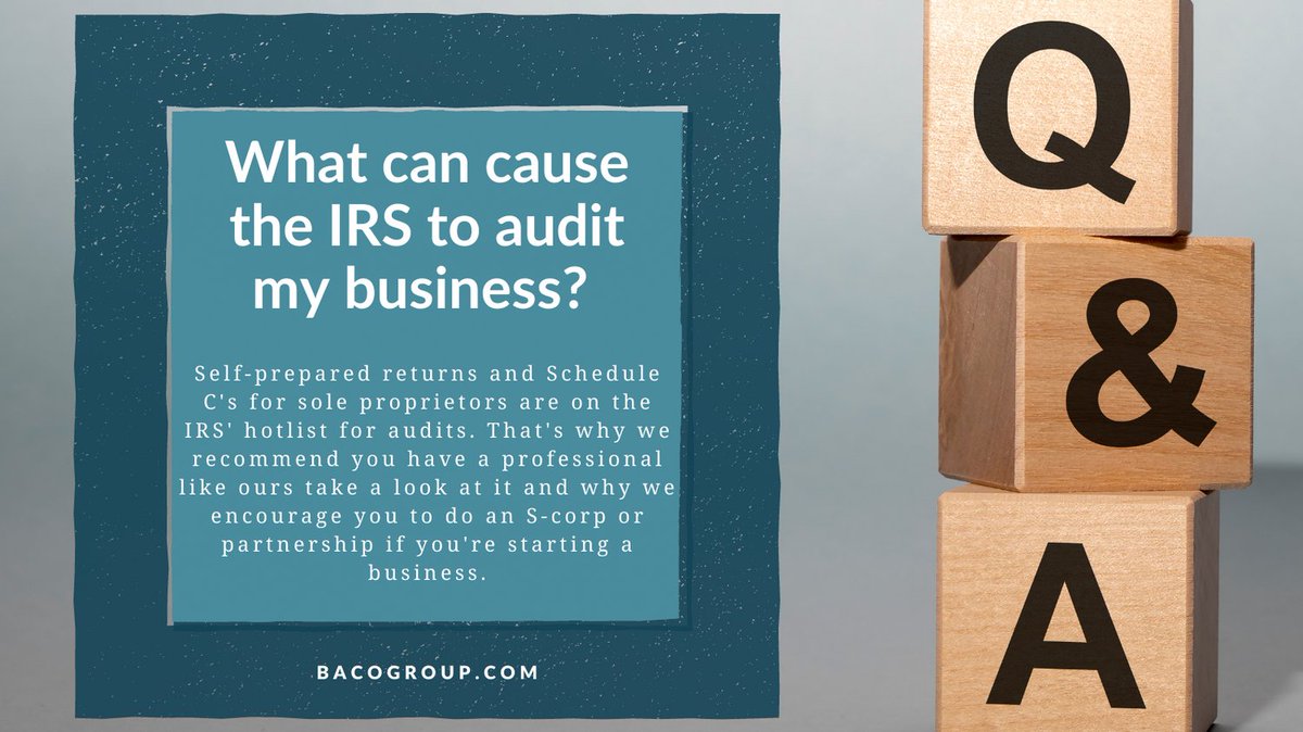 GroupBaco's tweet photo. Today's question is one everyone gets worried about, whether you're doing a personal return or business return. Why would I get audited by the IRS? Read our blog on https://t.co/H72VNFB0EV to find out more about what causes the IRS to audit. 
#qanda #audit #taxseason https://t.co/aO9VXlBPfh