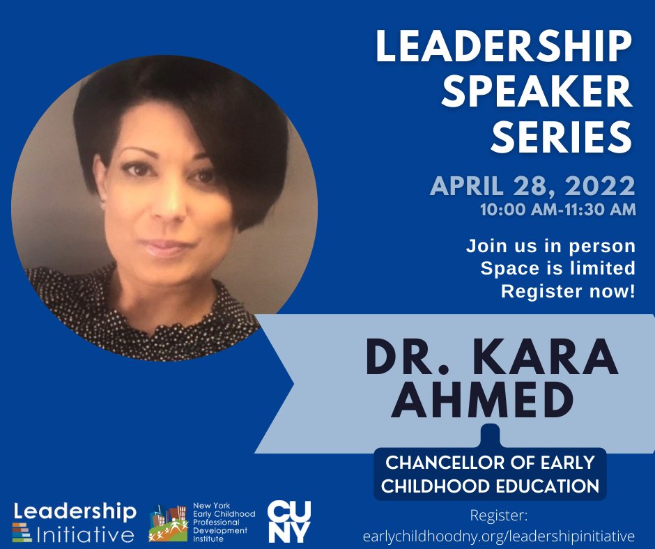 We welcome you to join us in person for our Leadership Speaker Series w/ Dr. Kara Ahmed, Deputy Chancellor of Early Childhood Education. Dr. Ahmed will share her perspective on leadership &amp; her vision for early childhood in NYC. Space is limited! Register: earlychildhoodny.org/leadershipinit…