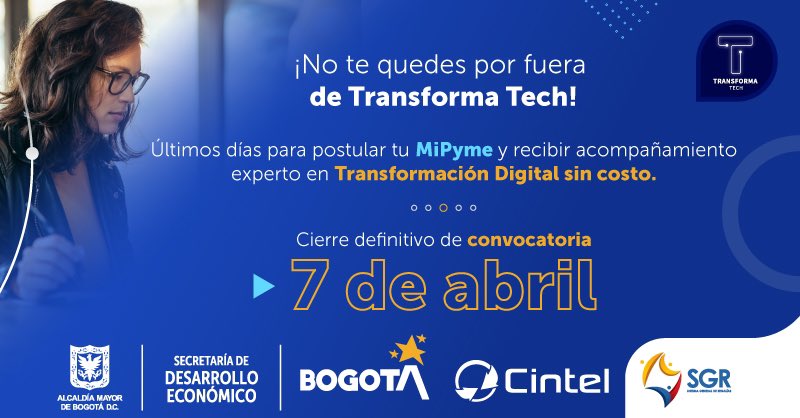 CINTELColombia's tweet photo. #TransformaTech finaliza su convocatoria el 7 de abril. Si deseas aumentar la competitividad, productividad y hacer crecer tu MiPyme con la incorporación de tecnología, aprovecha esta oportunidad.
¡Postúlate hoy mismo!
Conoce más: https://t.co/Gdd0n6RPnu https://t.co/FByqcybEGe