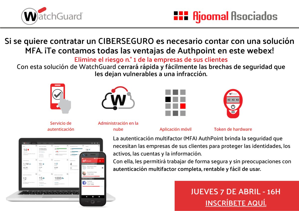 Descubre las ventajas de AuthPoint de <a href="/WatchGuardSpain/">WatchGuard España</a> en el próximo webex.
¡No te lo pierdas e inscríbete aquí! lnkd.in/eQ8vvqf7