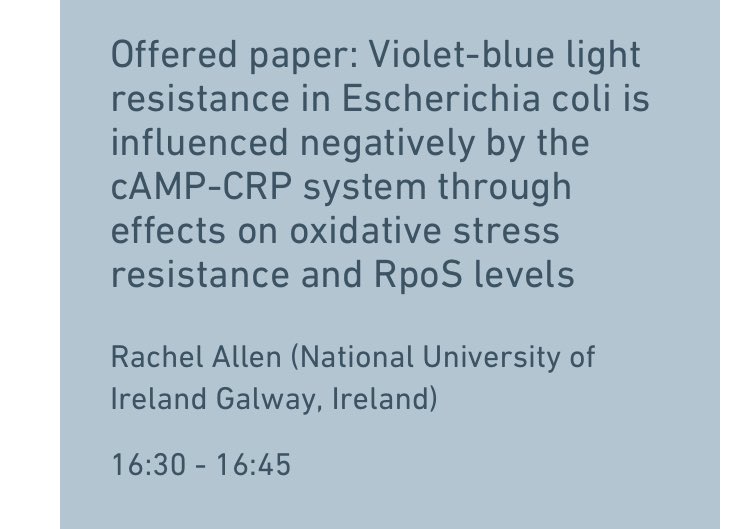 mcclean_siobhan's tweet photo. Fascinating talk by #RachelAllen @nuigalway on her @IrishResearch funded project on cell signalling involved in microbial light stress. Many Potential applications but Scary take home message for us all working with bugs … Light 💡 stress microbes 😬 @MicrobioSoc #Microbio22 https://t.co/zTVcFWv3Fs