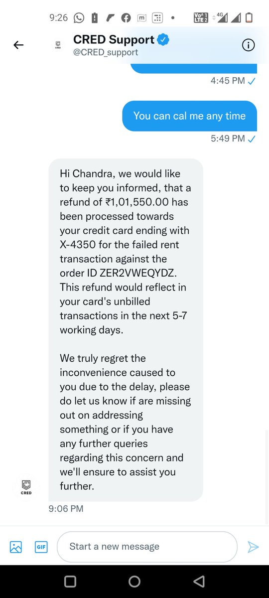 chandrupecit's tweet photo. @CRED_support finally after entering the 6th day of transaction, CRED team has initiated a refund 

And by suprise they need 5 working days to do the refund

6 days to confirm the refund 
5 another days to do refund .

#cred @kunalb11 improve your service asap. https://t.co/owm7ILxRBp