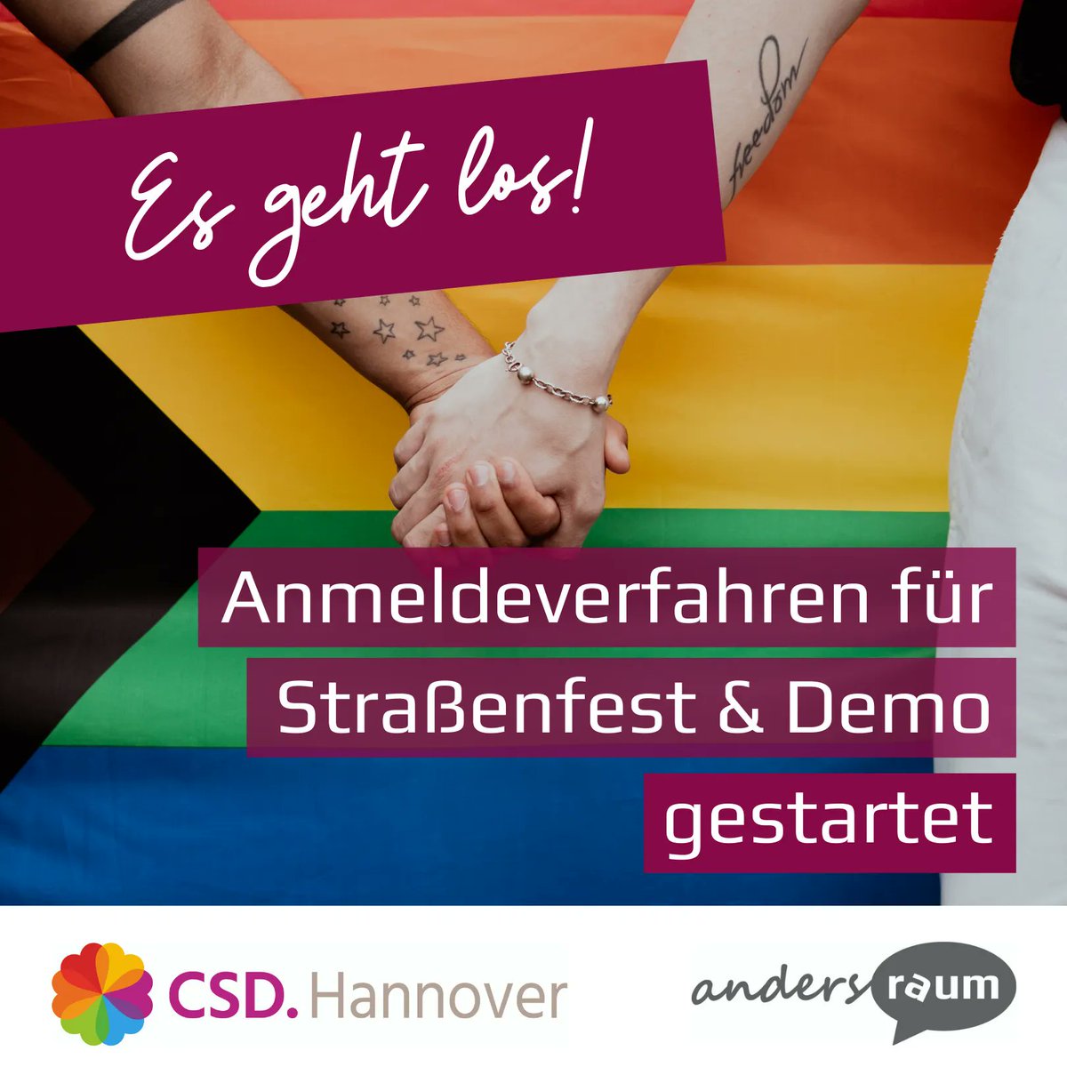 Es geht los! 🥳 🌈
Das Anmeldeverfahren zum #CSDHannover 2022 ist gestartet. Bis bis zum 30.04.22 könnt ihr einen Wagen zur Demo, einen Infostand oder einen gastronomischen Stand auf dem Straßenfest anmelden.

buff.ly/3qhTl7d

#csd2022 #queer #lgbtiq #bleibtallesanders