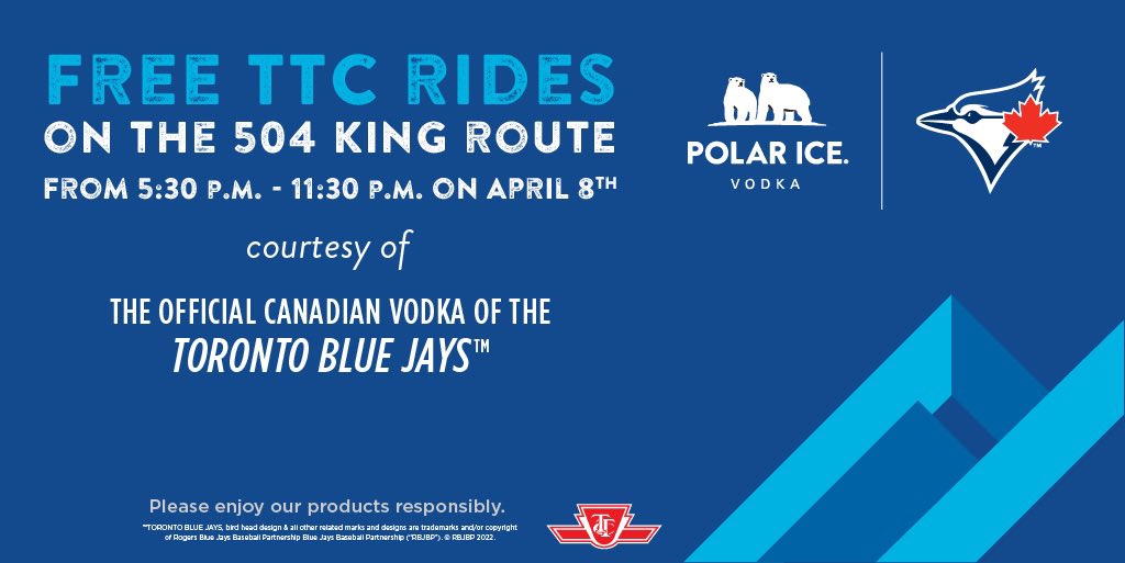 Baseball is BACK!⚾

As the Official Canadian Vodka of the <a href="/BlueJays/">Toronto Blue Jays</a>, we’re offering FREE #TTC rides on the 504 King route from 5:30p.m. -11:30p.m. on April 8th.

We can’t wait to join you for Opening Night!

#PolarIcexBlueJays #EnjoyResponsibly