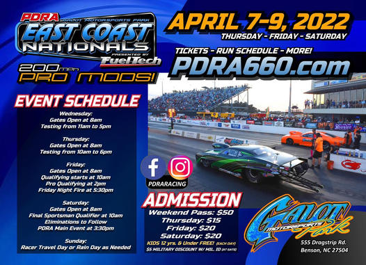 DunnTourism1's tweet photo. Start your engines and race down to GALOT Motorsports Park this week! The PDRA East Coast Nationals are starting their 2022 season off right in our backyard. A week full of high-powered racing of multiple classes including the 200+ mile per hour pro mods! #FunInDunn https://t.co/bGCyZeRbdJ