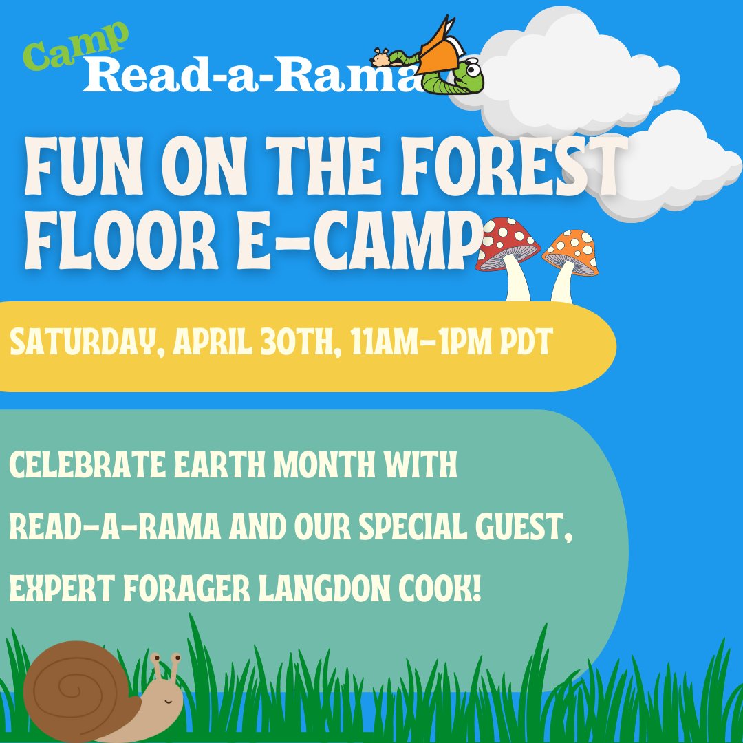 campreadarama's tweet image. Join our next e-camp, Fun on the Forest Floor, with our special guest, expert forager @langdoncook!

We're also reading ZONIA'S RAIN FOREST by @juanamartinez!

When: Sat, 4/30, 11am-1pm PT
Register by April 16: ow.ly/Wktq50HZMyZ (scholarships available)