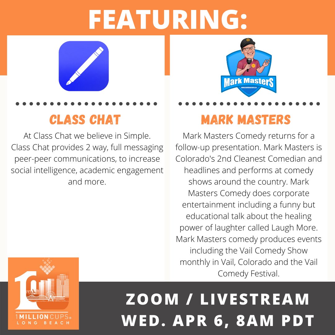 Join us tomorrow morning for our 1 Million Cups event, April 6 at 8am PT. Hear from two great startups, stay for Q&amp;A. 

April 6 at 8am PT
bit.ly/1MCLONGBEACH