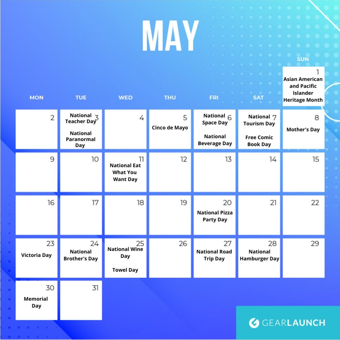 GearLaunch's tweet photo. April is coming to us ~~~ 

It's time to think about new ideas and designs for your business in May. 

Find more holidays and product inspirations here: https://t.co/vbbx2Irl9j

#gearlaunch #POD #May #trendreports #ideas #holidays https://t.co/4UGtj2ieIs