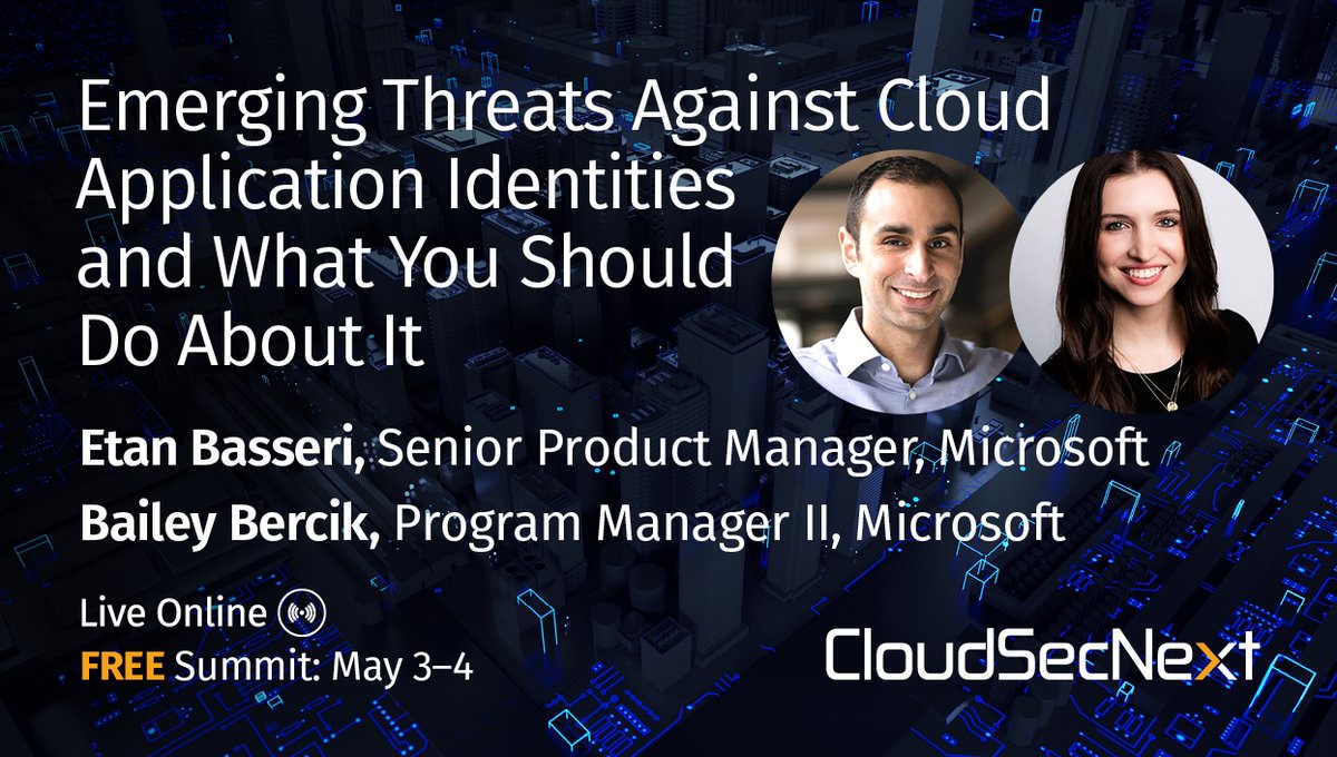 At the #CloudSecNextSummit, <a href="/ebasseri/">Etan Basseri</a> and <a href="/BaileyBercik/">Bailey Bercik - @baileybercik@infosec.exchange</a> will talk about how to deal with emerging threats against cloud application identities #cloudsecurity

Register for the FREE Live Online Summit: sans.org/u/1ka2
