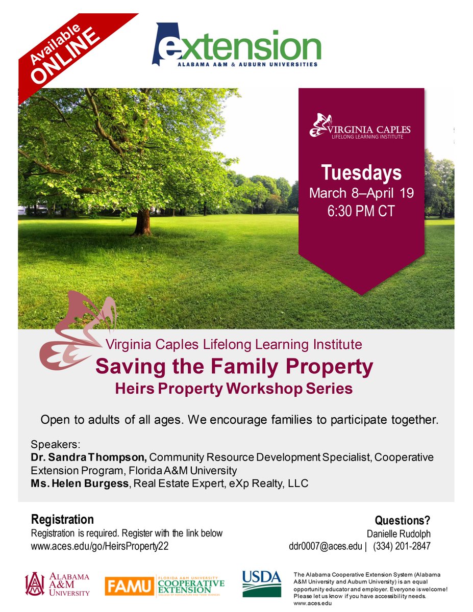 FAMUExt's tweet photo. Join us TODAY, Tuesday, April 5, 2022 7:30 PM (EST) | 6:30 PM (CT) on Zoom. Register here: https://t.co/Uq34CS74o7

Click here for more information on family heirs' property:
https://t.co/OApfjB4uhX

#famu #famuext #aamu #heirs #heirsproperty #workshops https://t.co/xgJJ0B6z5K