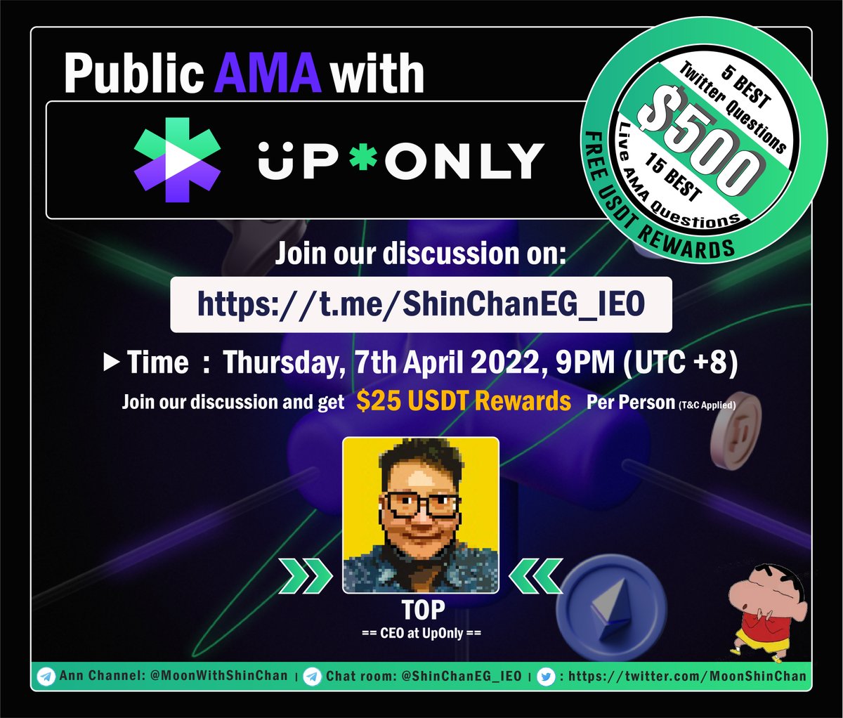 MoonShinchan's tweet photo. ‼️ Announcing an official Public AMA with @UpOnlyOfficial giving out $500 USDT Rewards on Thursday, 7th April🎁 

👉 Join us at TG:  https://t.co/106OJDt1ke
🔜 Timer: https://t.co/fsoiKc3sCg

Like, RT, Tag 3 people &amp; ask your question, 5 Best Qs will be selected by Team https://t.co/IEQ6laKtnC