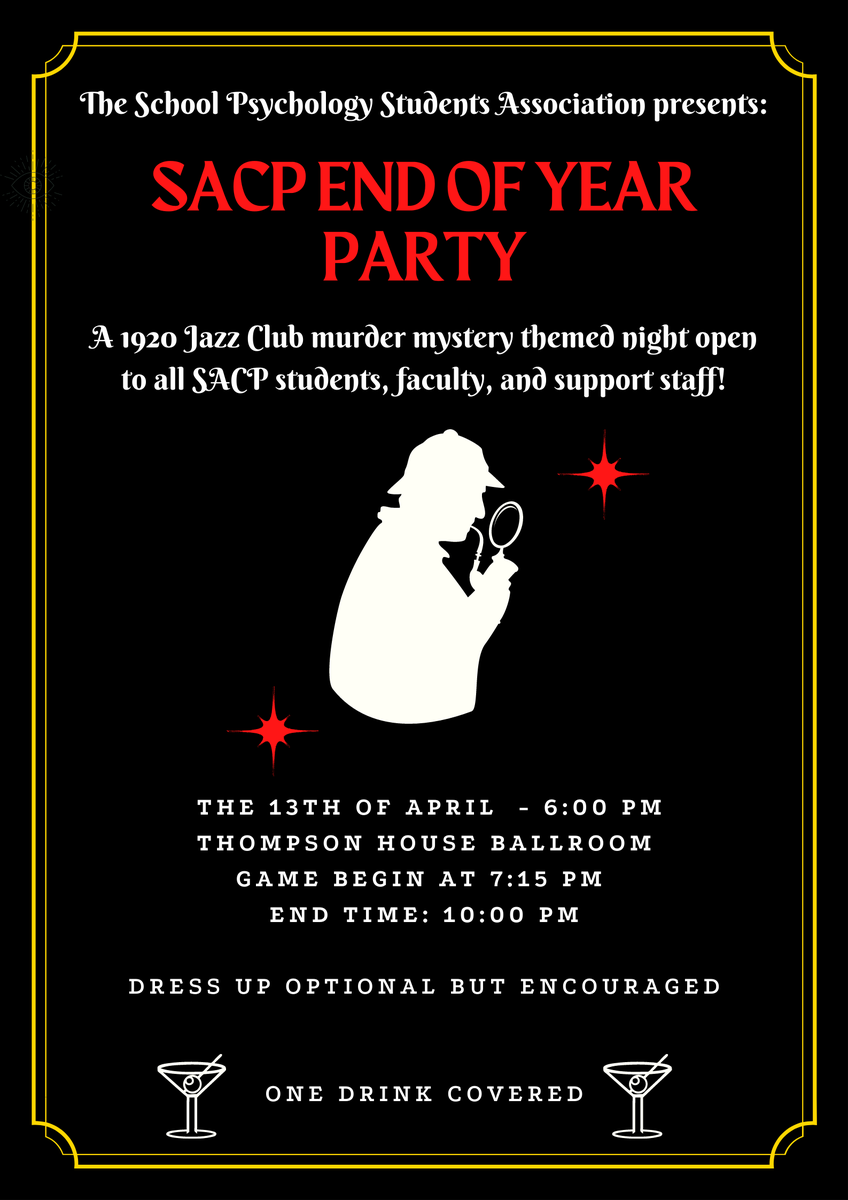 SACPAssociation's tweet photo. Looking to let loose after a long semester? The SPSA is pleased to announce that they will be hosting a Murder Mystery themed party to celebrate the end of the academic year 🎉 

See below for information. Register by Friday, April 8th here:  https://t.co/KR3o68KDqT https://t.co/u2GiFKI0Rl