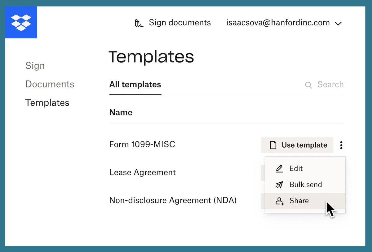 Dropbox's tweet photo. Frequently send out contracts or SOWs? @HelloSign Templates streamlines eSignature requests by turning your most used documents into templates within Dropbox. https://t.co/nKnJJbfH6I https://t.co/DxT2J3jIjS