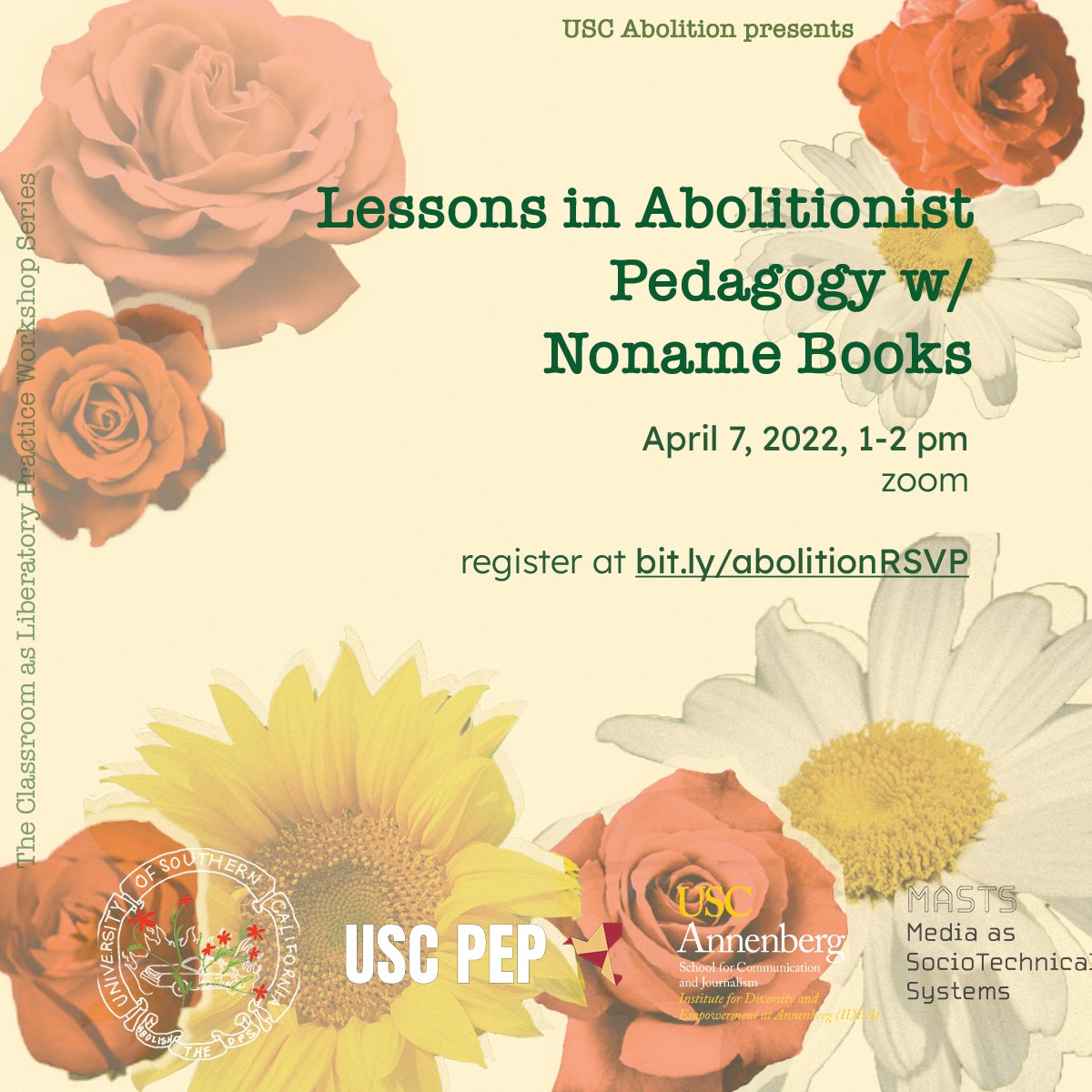 USCAbolition's tweet photo. Our keynote is with @NonameBooks this thursday. they'll be sharing how to uplift a tradition of Abolitionist Pedagogy, thinking through how to practice abolition in our day-to-day lives, and imagining a future without campus police RSVP at https://t.co/Sv2SPKmdPH #AbolitionSpring https://t.co/r0MkTVnDnx