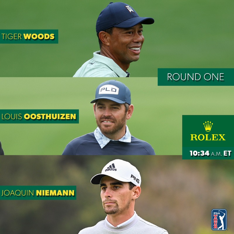 PGATOUR's tweet photo. Groupings and tee times are live for #theMasters:

Tiger Woods
Louis Oosthuizen
Joaquin Niemann

Dustin Johnson
Billy Horschel
Collin Morikawa

Jordan Spieth
Viktor Hovland
Xander Schauffele

Matt Fitzpatrick
Brooks Koepka
Rory McIlroy

(presented by @ROLEX)