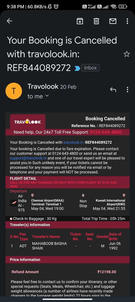 SherHan0231's tweet photo. I am duped and conned by @travolook @Travolookcare. I have booked flight tickets on 20-Feb on behalf of my friend and they told me after 30mins my tickets will be confirmed through email. After waiting for 30mins, they cancelled my ticket and I'm struggling to get my refund. https://t.co/LU8iYzjohH