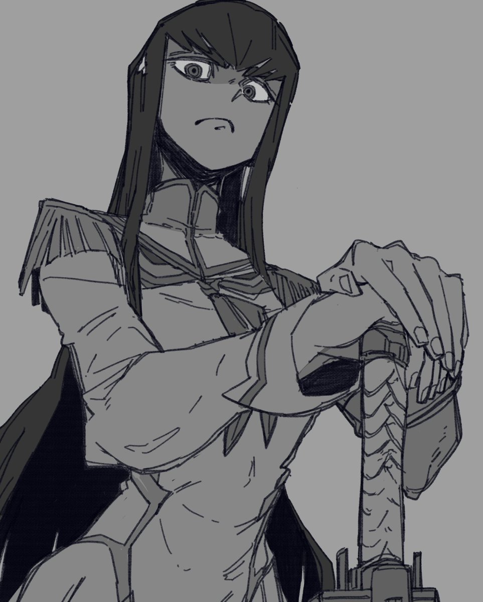 kiryuuin satsuki 1girl long hair weapon monochrome sword solo epaulettes  illustration images