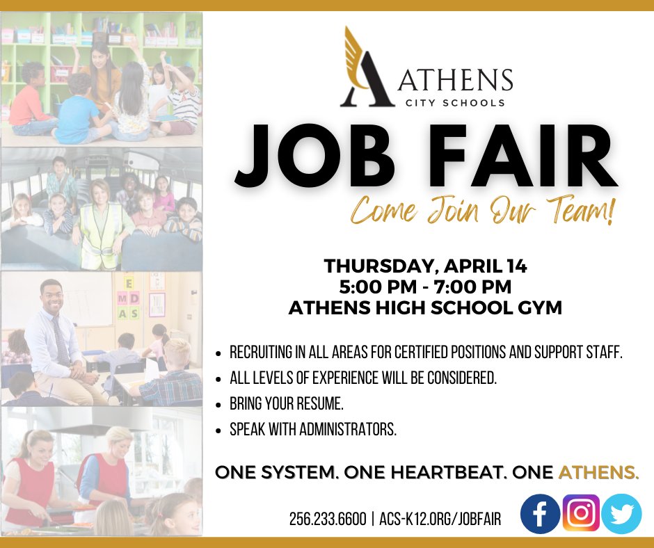 AthensALSchools's tweet photo. Mark your calendars for the Athens City Schools Job Fair! This event will be held on Thursday, 4/14 from 5-7PM in the Athens High School Gymnasium. Don't miss this awesome opportunity to explore your possibilities in joining the #oneathens family! https://t.co/9OqGAYmAh4 https://t.co/PmhGuMWH3N
