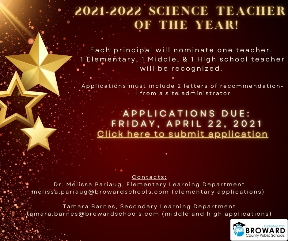 Principals, it's time to nominate your 2021-2022 Science Teacher of the Year! Please check your email for the forms link to the application. #browardscience